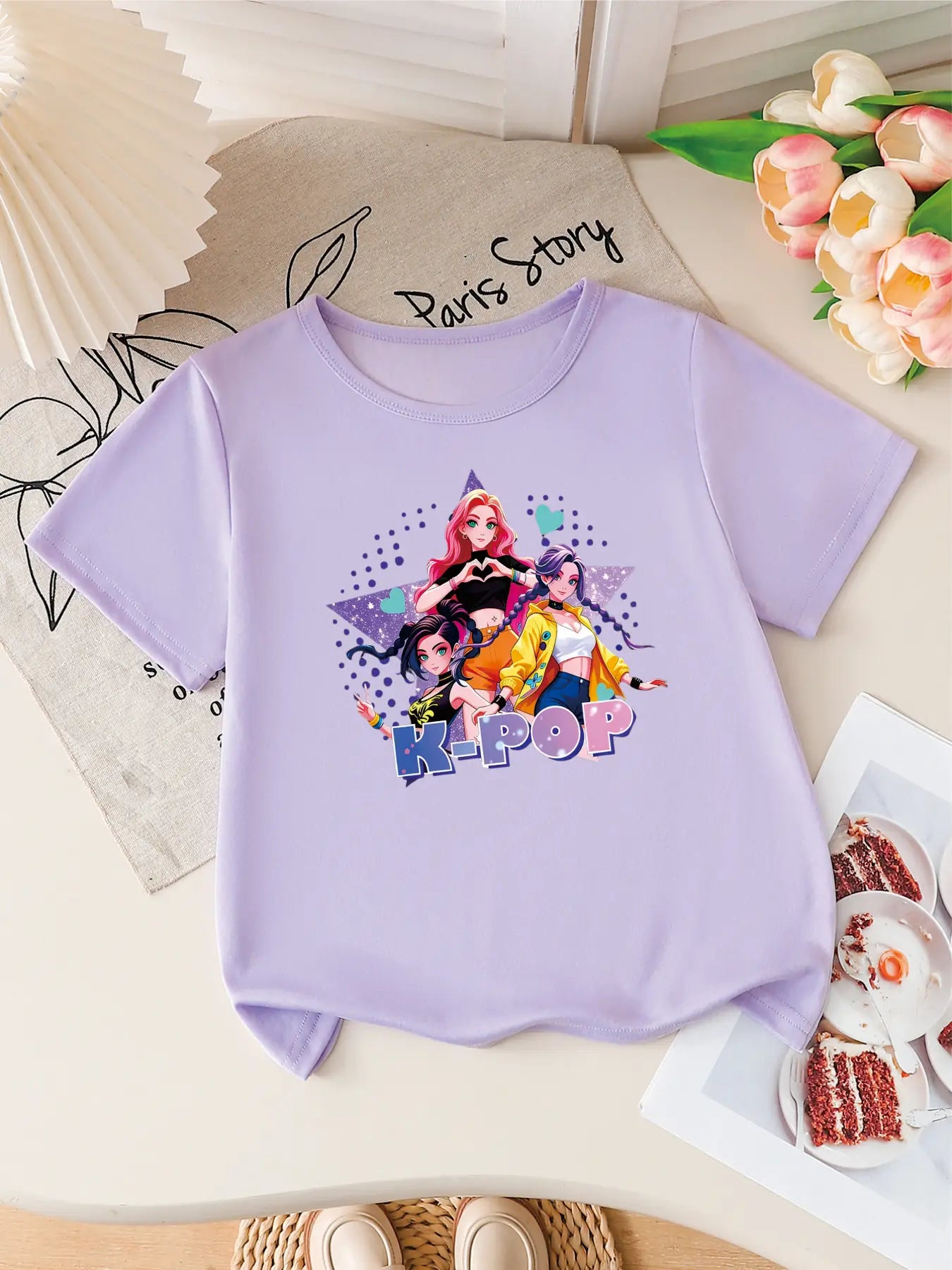 Girls K-POP Anime Print Short Sleeve T-Shirt Cute Cartoon Graphic Tee Kids Summer Casual Top