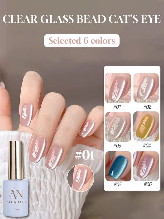 MIANEL 12ML Glass Bead Cat Eye Gel Nail Polish Flash White Spar Nude Color Magnetic Nail Polish White Nails Summer Nails 1-12pcs