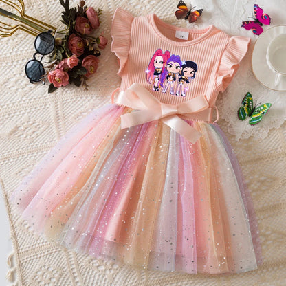 Girls' HUNTRX Rainbow Tulle Princess Dress: Sequin Star & Chibi Idol Party Gown