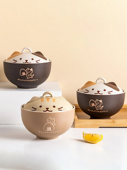 Cartoon Cat Ceramic Noodle Bowl with Lid 🐱🍜