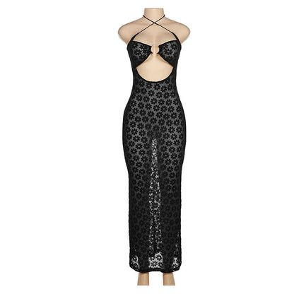 Solid Color Hanging Neck Maxi Dress Sexy Hollow Women Perspective Bag Hips Robe Female Street Trendy Dresses Clothing