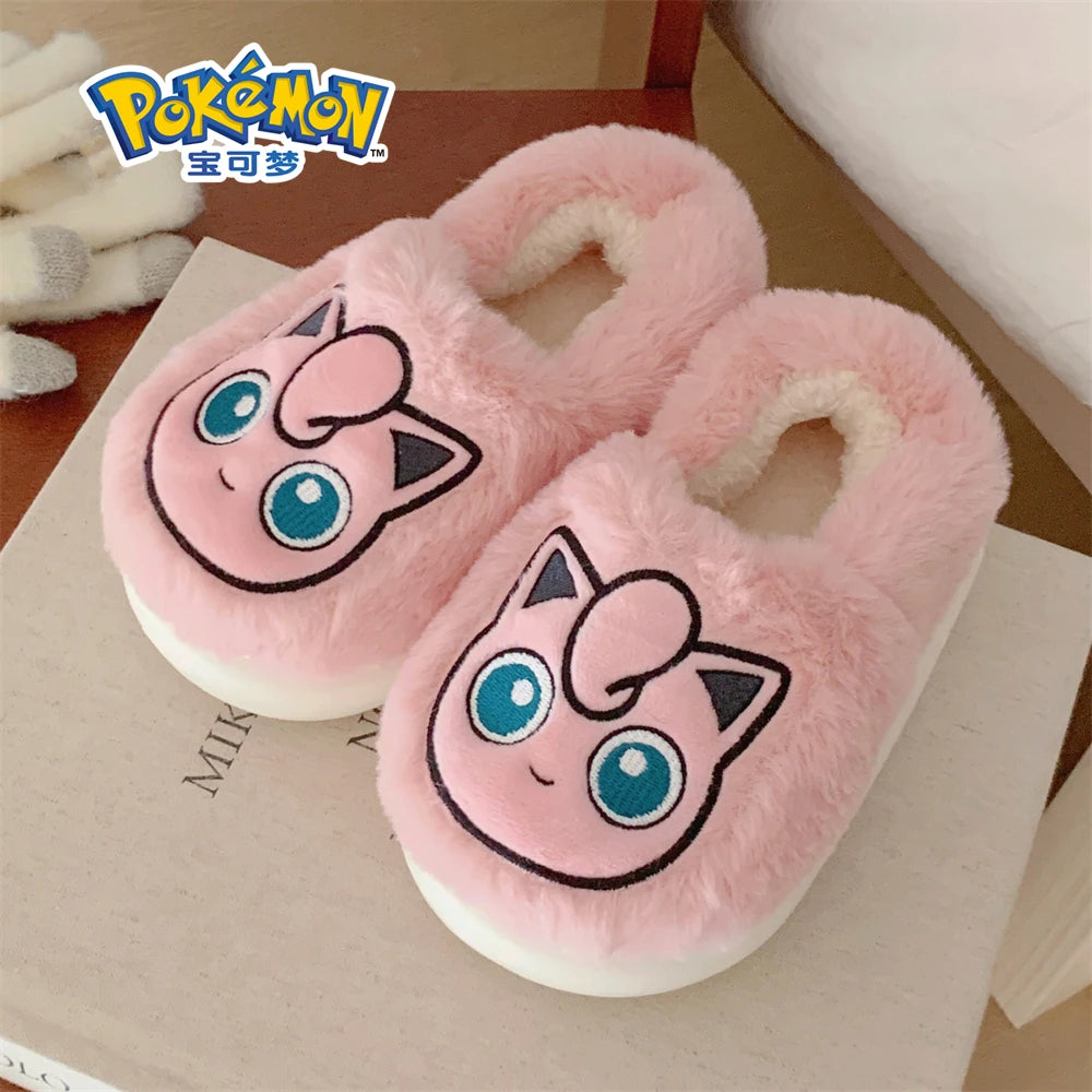 Pokemon Anime Couple Slippers Cute Pikachu Eevee Cartoon Cotton Home Shoes for Men And Women with Velvet Insulation Winter Gifts