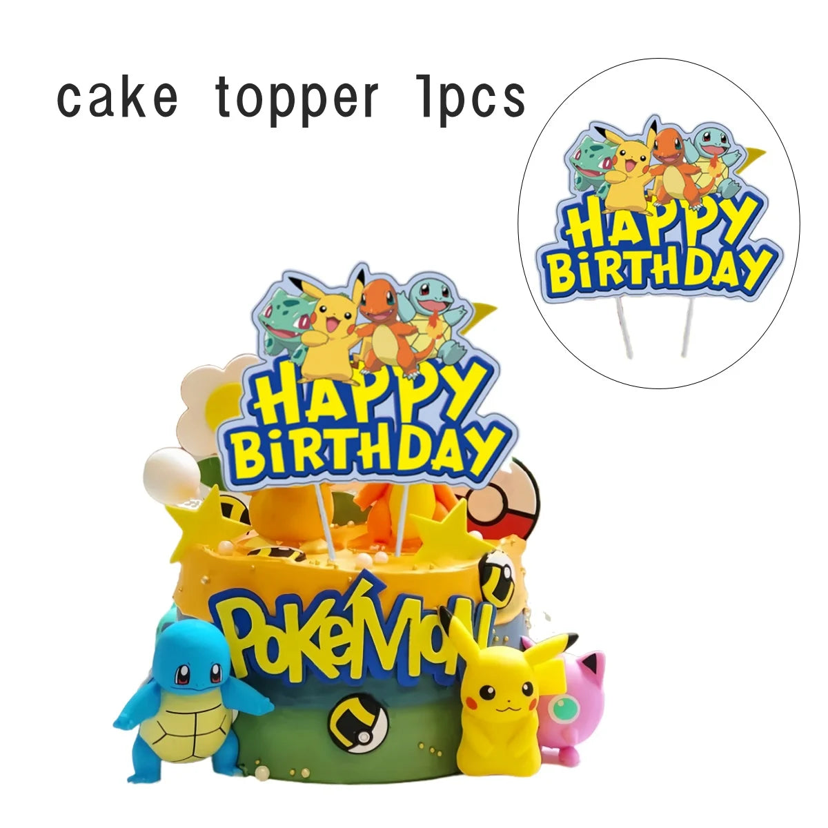 Pokemon Happy Birthday Acrylic Cake Topper Party Decoration Pikachu Cake Decor Flag Baby Shower Baking DIY Supplies Kids Favors