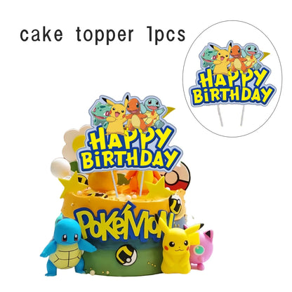 Pokemon Happy Birthday Acrylic Cake Topper Party Decoration Pikachu Cake Decor Flag Baby Shower Baking DIY Supplies Kids Favors