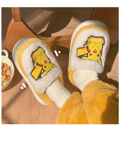 Pokemon Anime Couple Slippers Cute Pikachu Eevee Cartoon Cotton Home Shoes for Men And Women with Velvet Insulation Winter Gifts