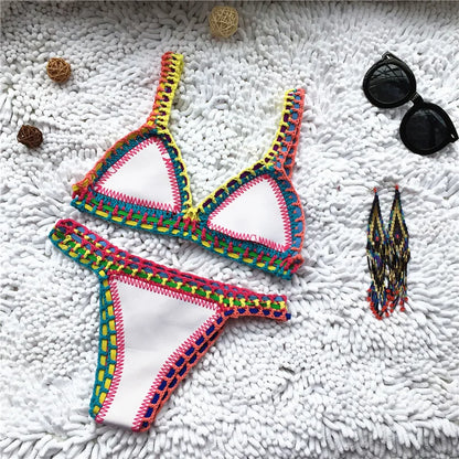 Bikini Crochet 2025 Handmade Knit Patchwork Reversible 2 Piece Swimsuit Women Halter Top Brazilian Bathing Suit Thong Swimwear