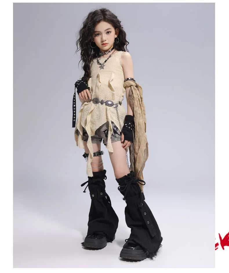 Girls Hiphop Group Jazz Dance Performance Clothes Loose Short Sleeve Top Pants Street Dance Costumes Wear