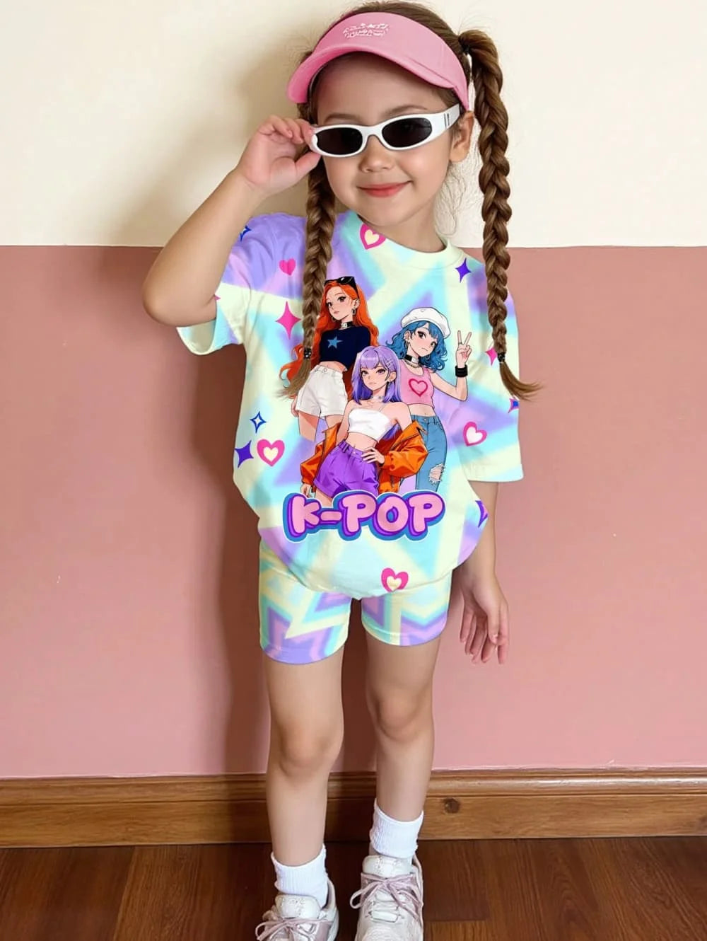 Kpop Cartoon Graphic New T-Shirt and Pants Set Girls' Summer Clothing Cute Short Sleeve Set Children's T-Shirt and Shorts Set