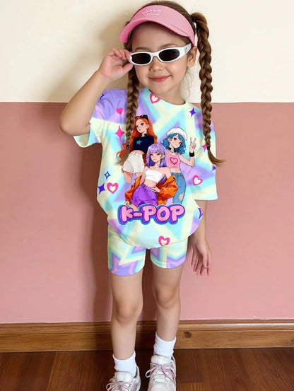 Kpop Cartoon Graphic New T-Shirt and Pants Set Girls' Summer Clothing Cute Short Sleeve Set Children's T-Shirt and Shorts Set