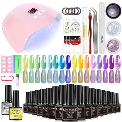 LIMEGIRL 8ML Gel Nail Polish Kit Semi-Permanent Soak Gel Varnish Base Coat Polishing Tool with UV LED Light Nail Gel Kit