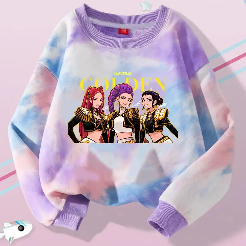 K-Pop Hunters Zoey Mira Rumi Tie-dyed Sweatshirt for Girl Pullover Crew Neck Child Sportwear Long Sleeve Cartoon Kids Tops