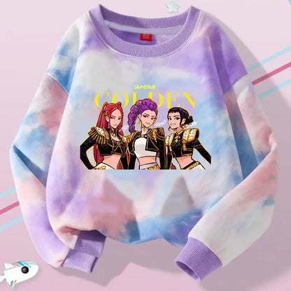 K-Pop Hunters Zoey Mira Rumi Tie-dyed Sweatshirt for Girl Pullover Crew Neck Child Sportwear Long Sleeve Cartoon Kids Tops