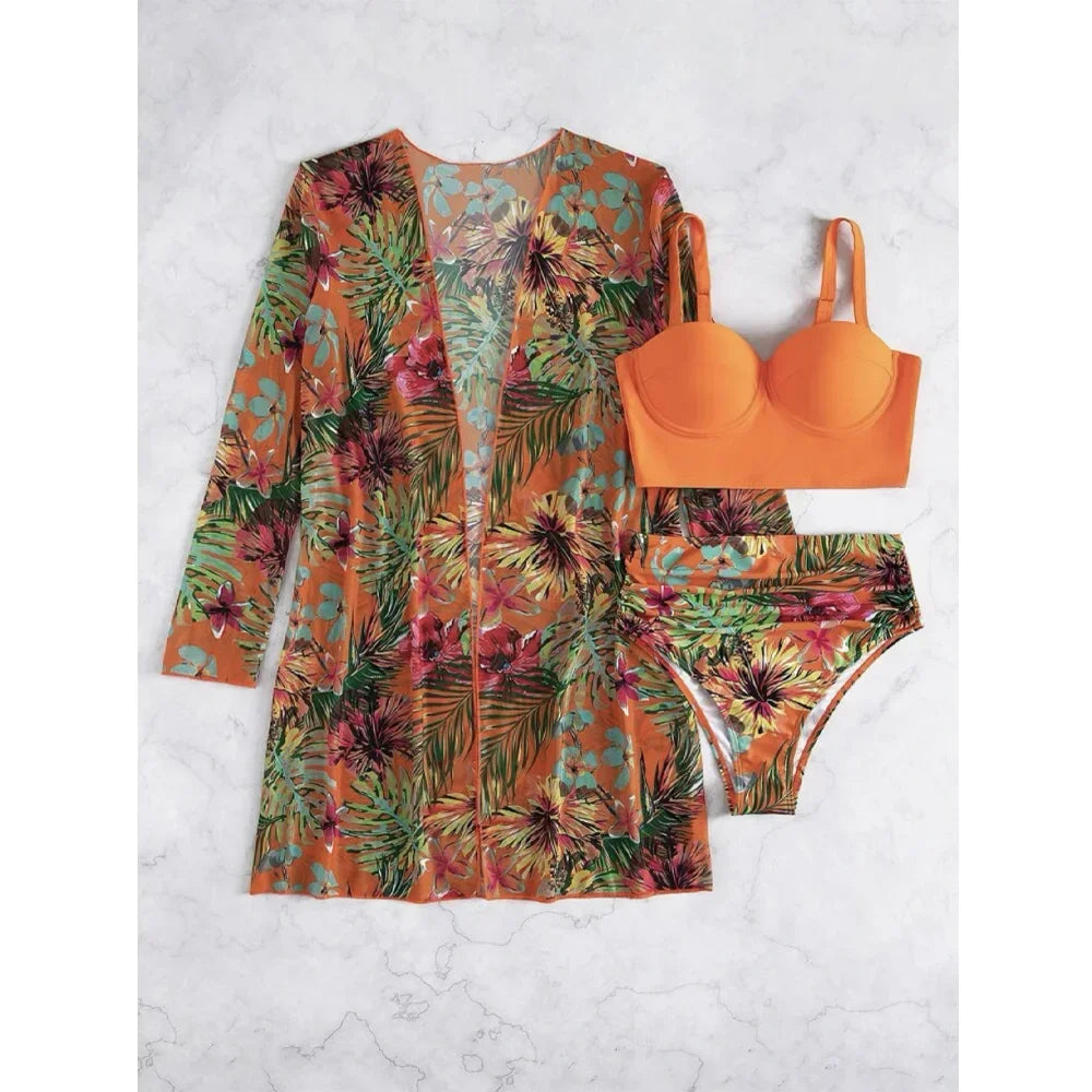 Three Pieces Bikini Set Cover Up Women 2023 New Push Up Twist Swimsuit Print Long Sleeve Swimwear Biquini Bathing Suit Summer