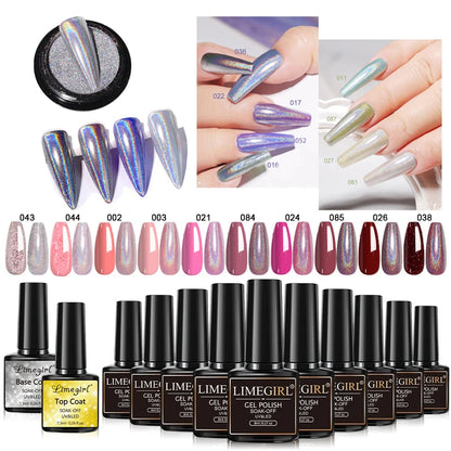 LIMEGIRL 10 Colors Nail Gel Set UV Soak Gel Base Coat Gel with Laser Powder Nail Art DIY Semi-Permanent Gel Varnish Kit