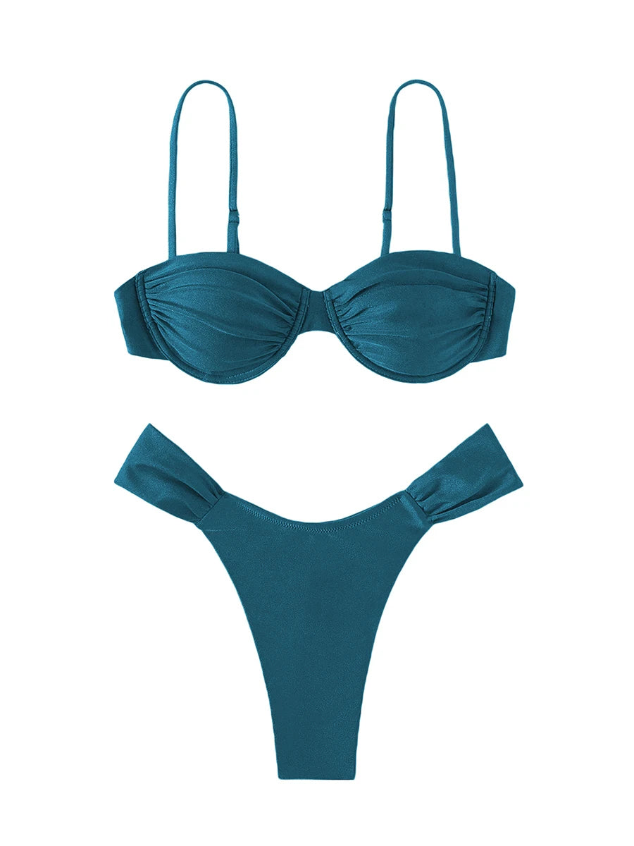 Classics Basics Women Swim Bikini Suit, Solid Color Pleated Sleeveless Bra+ Shorts Briefs Swimwear Swimsuit