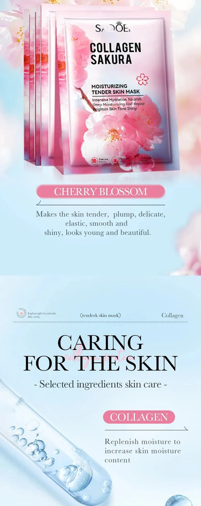 Sadoer Sakura Face Mask Facial Skincare Moisturizing Brightening Hydrating Firming Collagen Facial Masks Face Sheet Mask