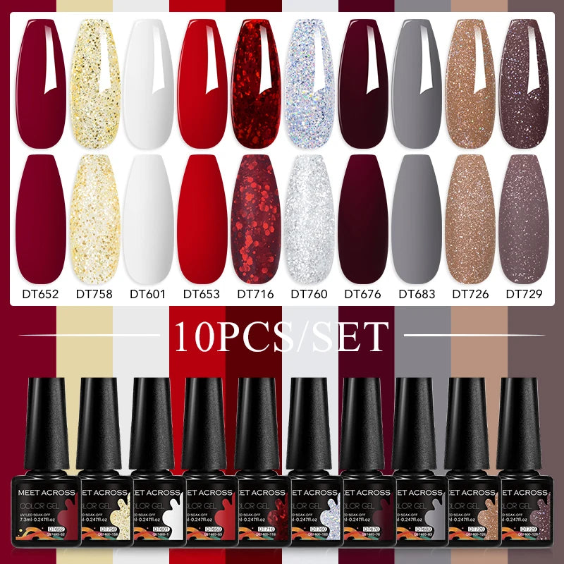 10PCS/Set 7.3ml Hot Pink Red Glitter Gel Nail Polish Soak Off Uv Led Nails Shine Finish For Diy Nail Art Manicure Nail Supplies