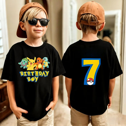 Birthday T-shirt Cute Pikachu Pokémon 3-9 Printed T-Shirt Unisex Summer Y2K Harajuku Loose Casual Short Sleeve Top for Chirldren