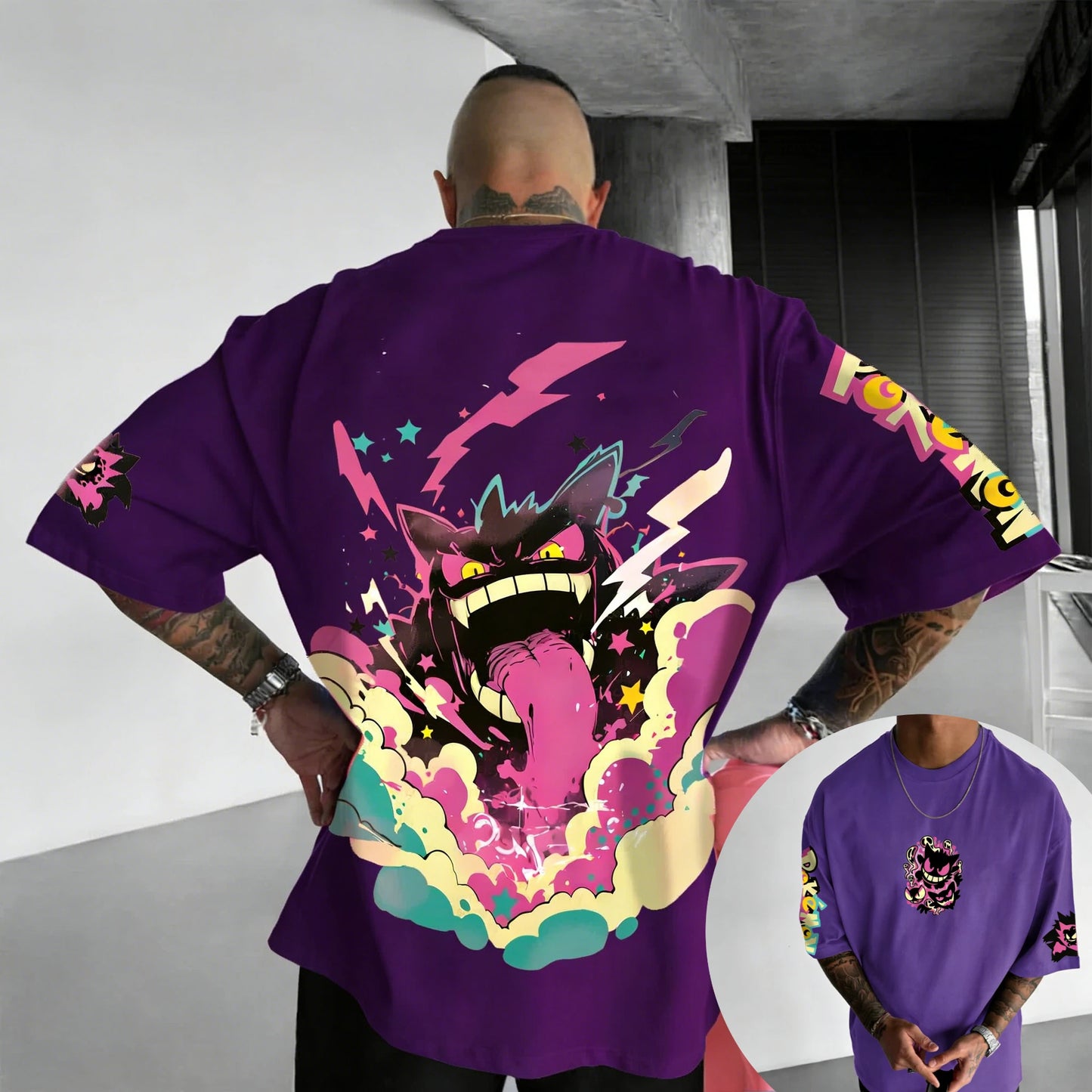 New Pokemon Cotton T Shirt with Gengar Back Print Pink Lightning Blue Smoke and Star Effects Loose Fit Men Women Casual
