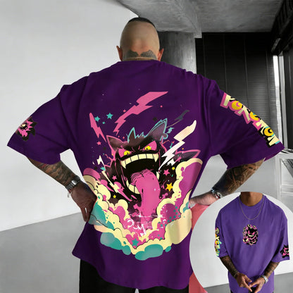 New Pokemon Cotton T Shirt with Gengar Back Print Pink Lightning Blue Smoke and Star Effects Loose Fit Men Women Casual