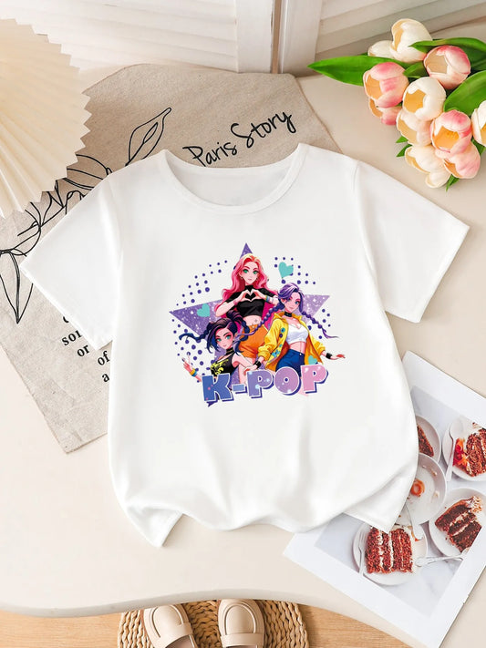 Girls K-POP Anime Print Short Sleeve T-Shirt Cute Cartoon Graphic Tee Kids Summer Casual Top