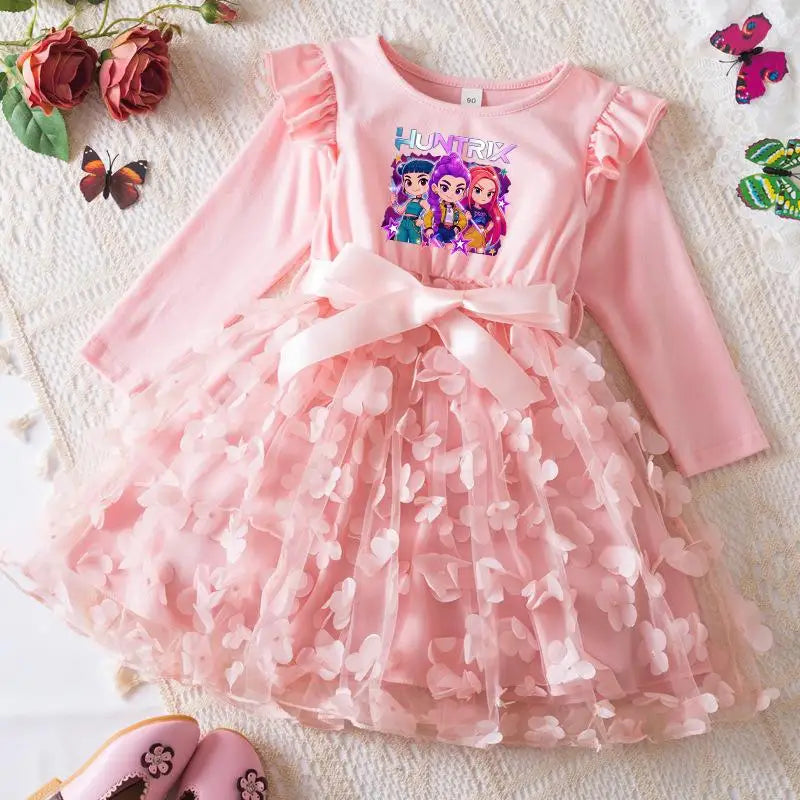 Girls' K-Pop HUNTRX "Butterfly Dreams" Dress: Long Sleeve 3D Applique Tutu Princess Gown