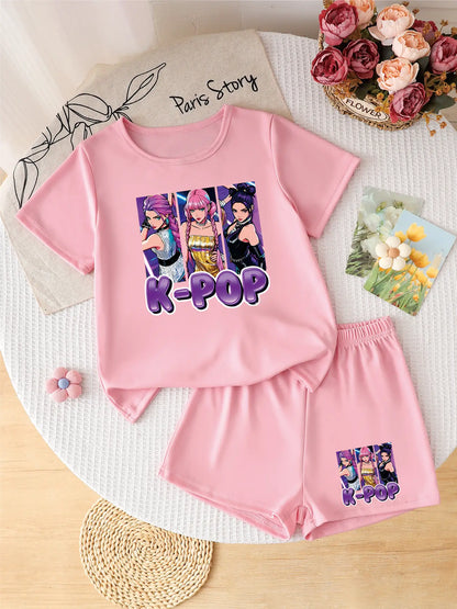 Girls' K-POP "Girl Group" 2-Piece Outfit: Graphic Tee & Matching Shorts Summer Set