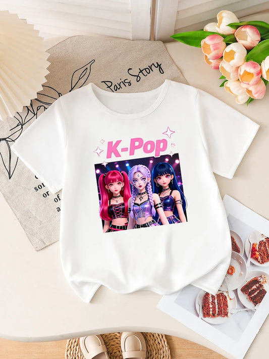Girls K-Pop Idol Group Print Short Sleeve T-Shirt Cute Cartoon Graphic Tee Kids Summer Casual Top