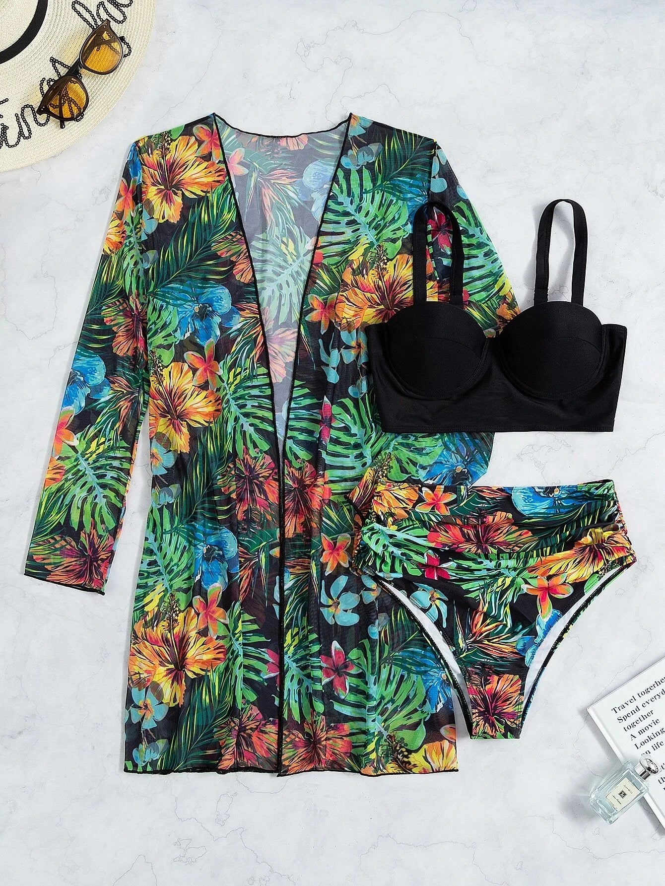 Three Pieces Bikini Set Cover Up Women 2023 New Push Up Twist Swimsuit Print Long Sleeve Swimwear Biquini Bathing Suit Summer