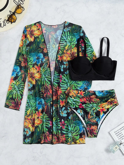 Three Pieces Bikini Set Cover Up Women 2023 New Push Up Twist Swimsuit Print Long Sleeve Swimwear Biquini Bathing Suit Summer