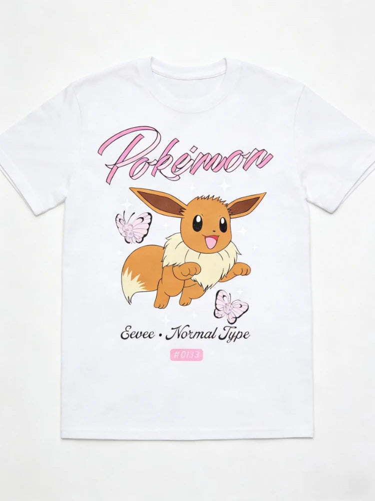 Bandai New Pokemon Genie Eevee Butterfly Print High Quality Fashion Men's Short Sleeve Parent-Child Loose Comfortable T-Shirt