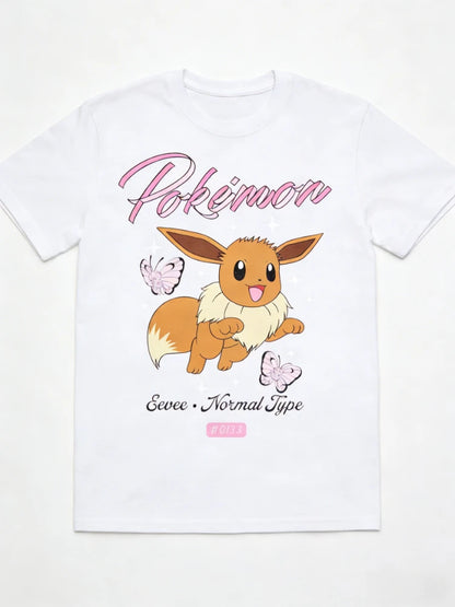 Bandai New Pokemon Genie Eevee Butterfly Print High Quality Fashion Men's Short Sleeve Parent-Child Loose Comfortable T-Shirt