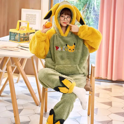 Pokemon Anime Pikachu Pajamas Hooded Women Cartoon Thickened Winter Plush Kawaii Nightgown Suit Two Home Clothing Christmas Gift
