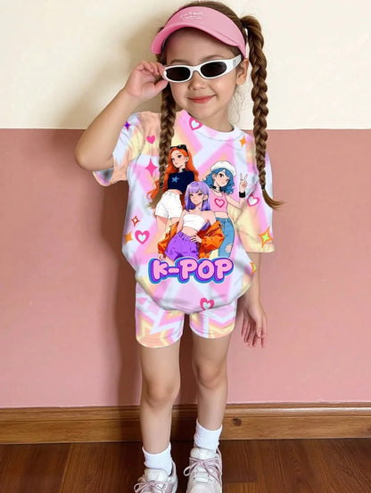 Kpop Cartoon Graphic New T-Shirt and Pants Set Girls' Summer Clothing Cute Short Sleeve Set Children's T-Shirt and Shorts Set