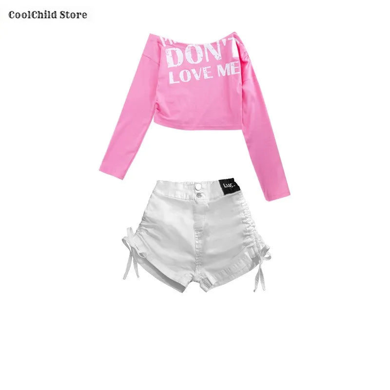 Girls Hip Hop Off Shoulder Crop Top ‌Street Dance Skirts Cargo Pants Children Streetwear Jeans Kids K-pop Girl Group Clothes Set