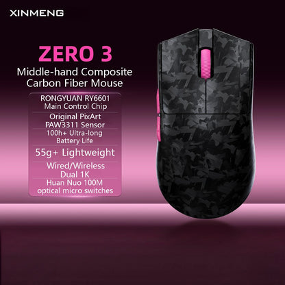 XINMENG ZERO 3 Gaming Mouse PAW3311/PAW3395/PAW3950 E-sport Sensor 1K/8K Polling Rate Carbon Fiber Case 500mAh Battery Wireless