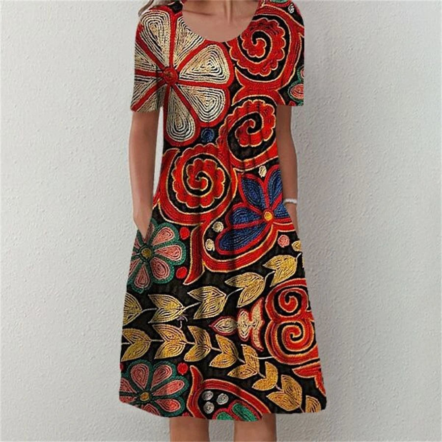 icevoolen Elegant Loose Midi Dress: Casual Short Sleeve Printed Summer Gown