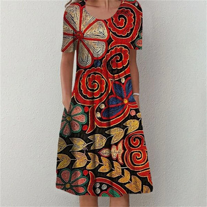 icevoolen Elegant Loose Midi Dress: Casual Short Sleeve Printed Summer Gown