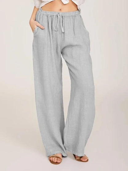 Loose Linen-Blend Wide Leg Casual Pants: Breathable Drawstring Summer Trousers