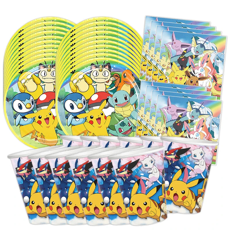 60pcs Pokemon Tableware Pikachu Birthday Decoration Disposable Cups Plates Napkins Happy Birthday Baby Shower Supplies Toys ﻿
