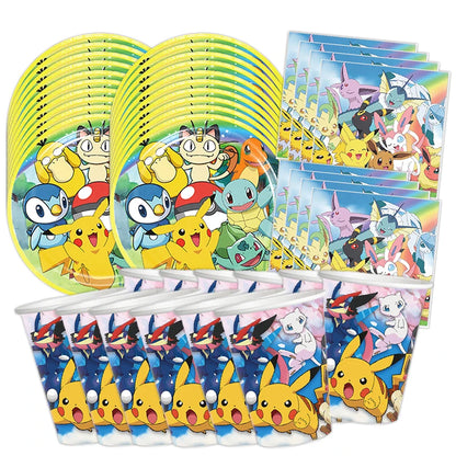 60pcs Pokemon Tableware Pikachu Birthday Decoration Disposable Cups Plates Napkins Happy Birthday Baby Shower Supplies Toys ﻿