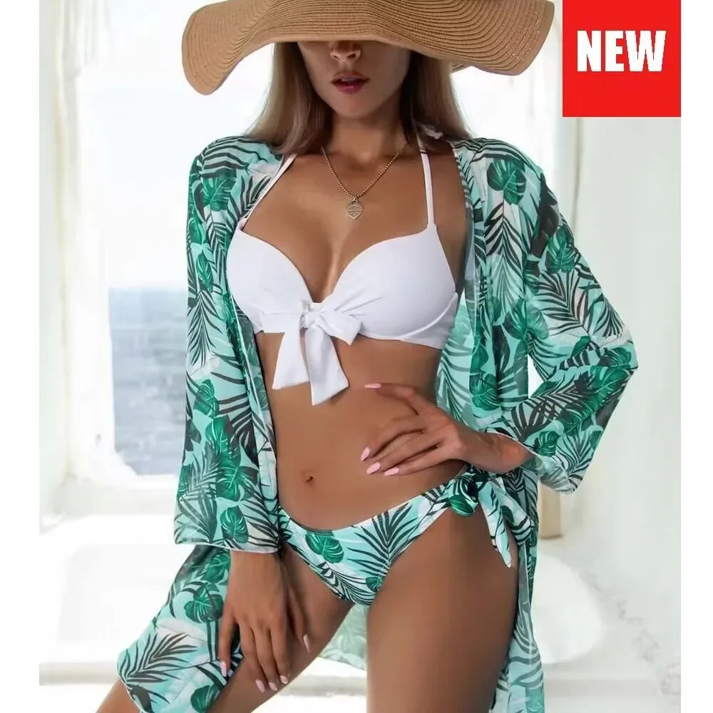 Three Pieces Bikini Set Cover Up Women 2023 New Push Up Twist Swimsuit Print Long Sleeve Swimwear Biquini Bathing Suit Summer