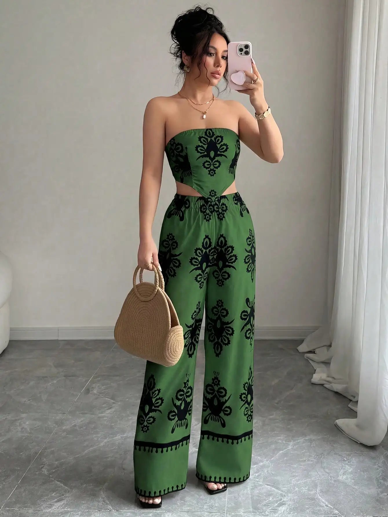 2pcs Set Halter Tie Bow Crop Top And Wide Leg Printed Pants For Women