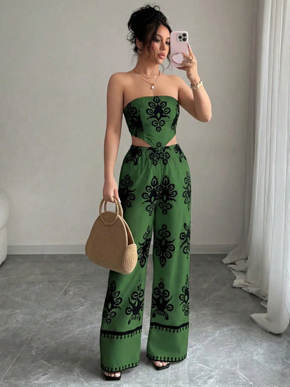 2pcs Set Halter Tie Bow Crop Top And Wide Leg Printed Pants For Women