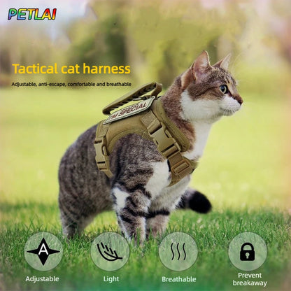Tactical Cat Harness and Leash Set for Walking Escape Proof Adjustable Cat Vest Harness with Soft Mesh Padding Rubber Handle