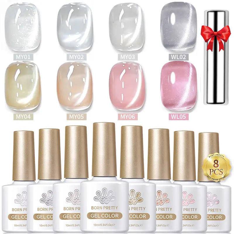 BORN PRETTY 8Pcs Glitter Cat Magnetic Nail Gel Polish Set Moonlight Transparent Summer Semi Permanent UV Gel Soak Off Nail Gel
