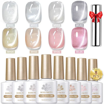 BORN PRETTY 8Pcs Glitter Cat Magnetic Nail Gel Polish Set Moonlight Transparent Summer Semi Permanent UV Gel Soak Off Nail Gel