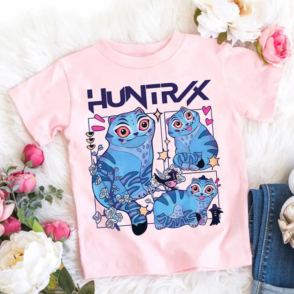 2026 Summer Kpop Demon Hunters T Shirt Kids Cartoon Anime Meme Print Clothes Round Neck Basic Boys Tops Casual Shirts Gift