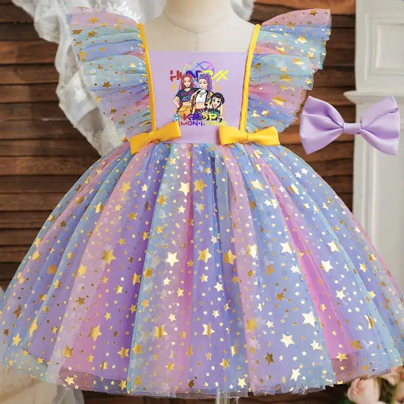 Girls' K-Pop "Starry Gala" Tutu Dress: Rainbow Tulle Gown with Gold Sequins & Ruffle Sleeves