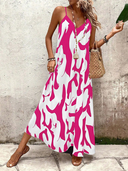 Summer 2026 Women's Fashion Slim Fit Floral Print V-Neck Loose Holiday Style Dress Knitted Fabric A- Line Skirt Casual Wear